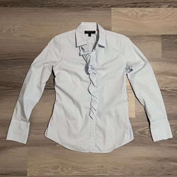 Women’s Banana Republic Blue and White Striped Riley Dress Shirt with Ruffles - Picture 2 of 8